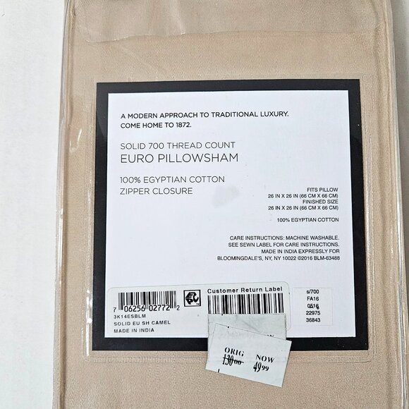 Bloomingdales 1872 Euro Pillow Shams Set 2 Camel Tan 700 Thread Count 26X26 NEW - Picture 5 of 8
